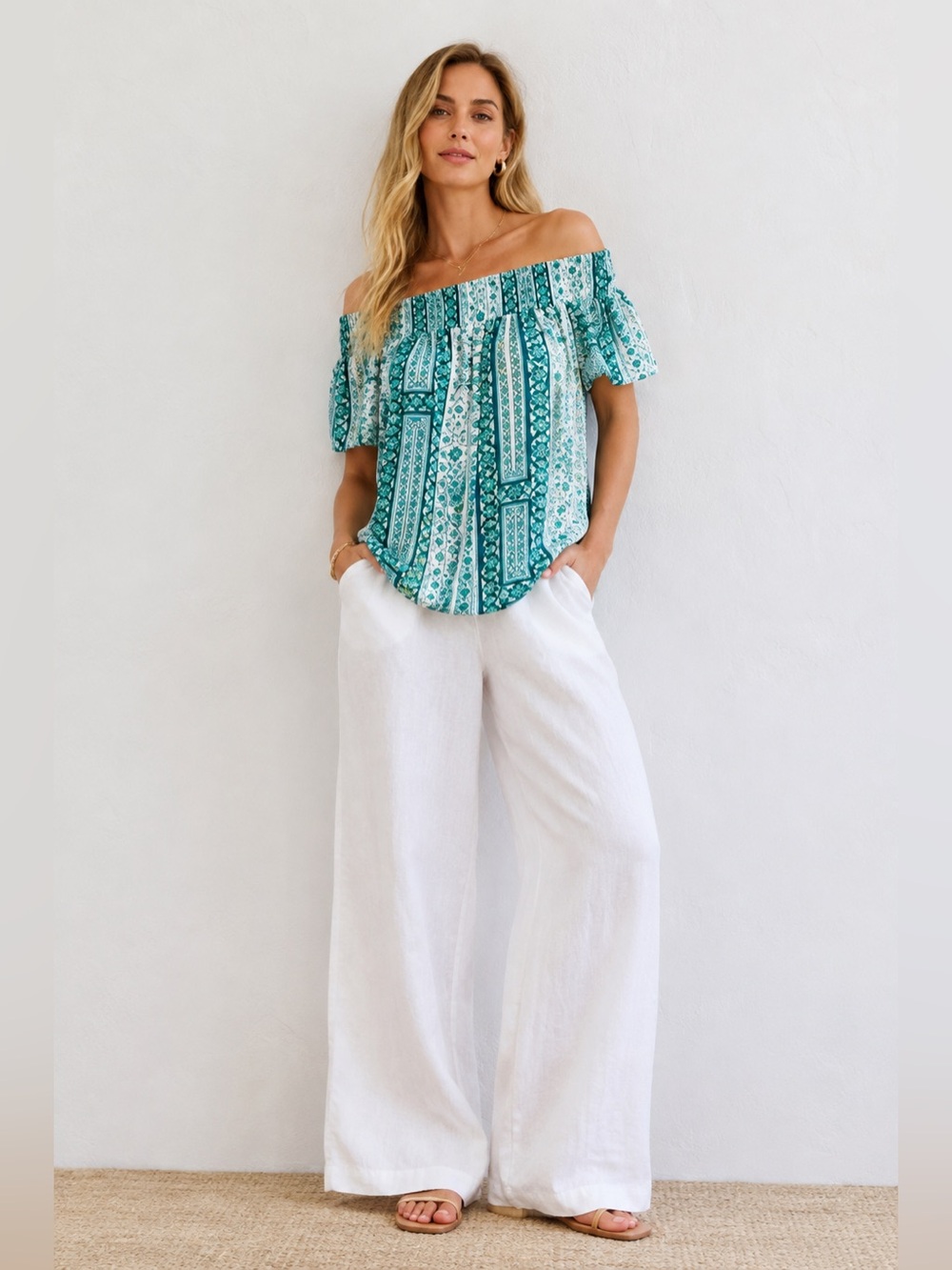 NEW Greylin Off the Shoulder Teal Printed Smocked Top Short Sleeve Blouse 688